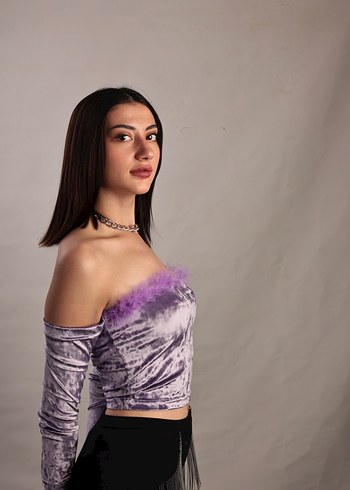 Kadın Mor Straplez Kürklü Crop Top - Görsel 3