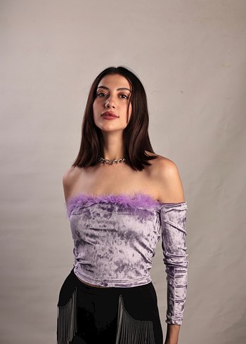 Kadın Mor Straplez Kürklü Crop Top - Görsel 2
