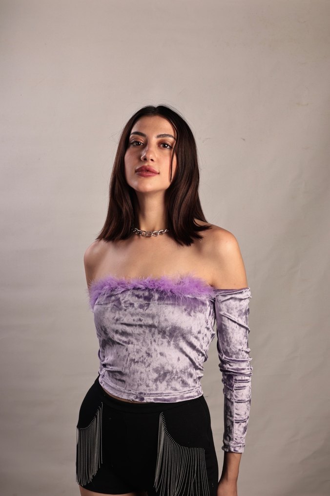 Kadın Mor Straplez Kürklü Crop Top - Görsel 2