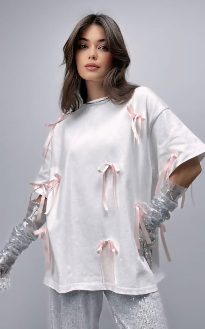 Pamuklu Fiyonklu Oversize Tshirt - Görsel 3