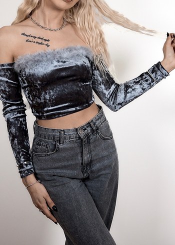 GRİ TÜYLÜ CROP TOP - Görsel 3