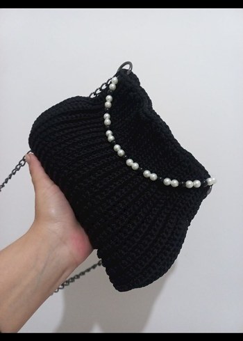 Siyah Örgü Kadın Çanta İnci Detaylı - Görsel 2