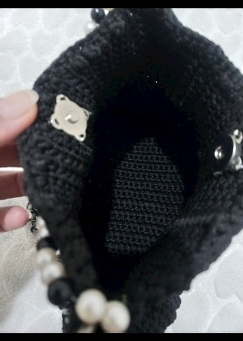 Siyah Örgü Kadın Çanta İnci Detaylı - Görsel 4