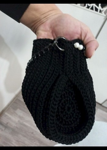 Siyah Örgü Kadın Çanta İnci Detaylı - Görsel 5