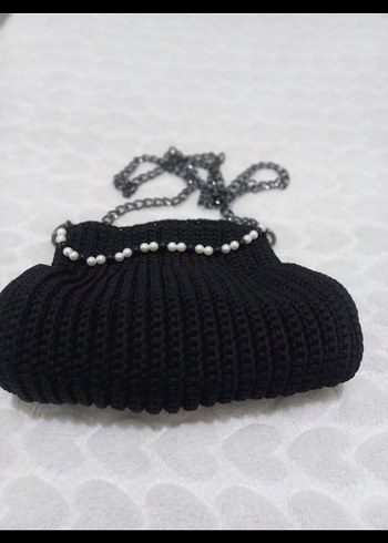 Siyah Örgü Kadın Çanta İnci Detaylı - Görsel 3