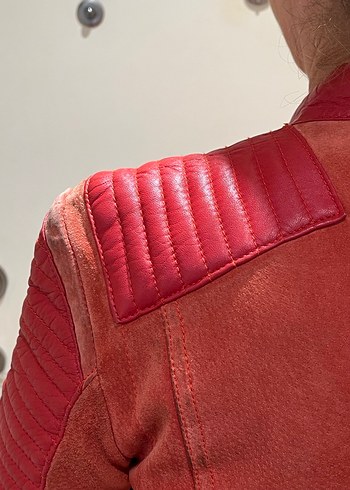 38 Beden kırmızı Renk Mango Kırmızı Deri nubuk Biker Ceket, Kemerli, Dar Kesim