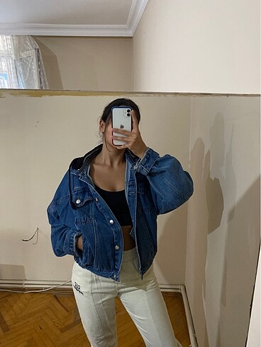 l Beden mavi Renk kapüşonlu oversize jean ceket