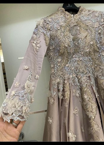 Uzun Kollu İşlemeli Nişan Elbisesi abiye tesettür - Görsel 4