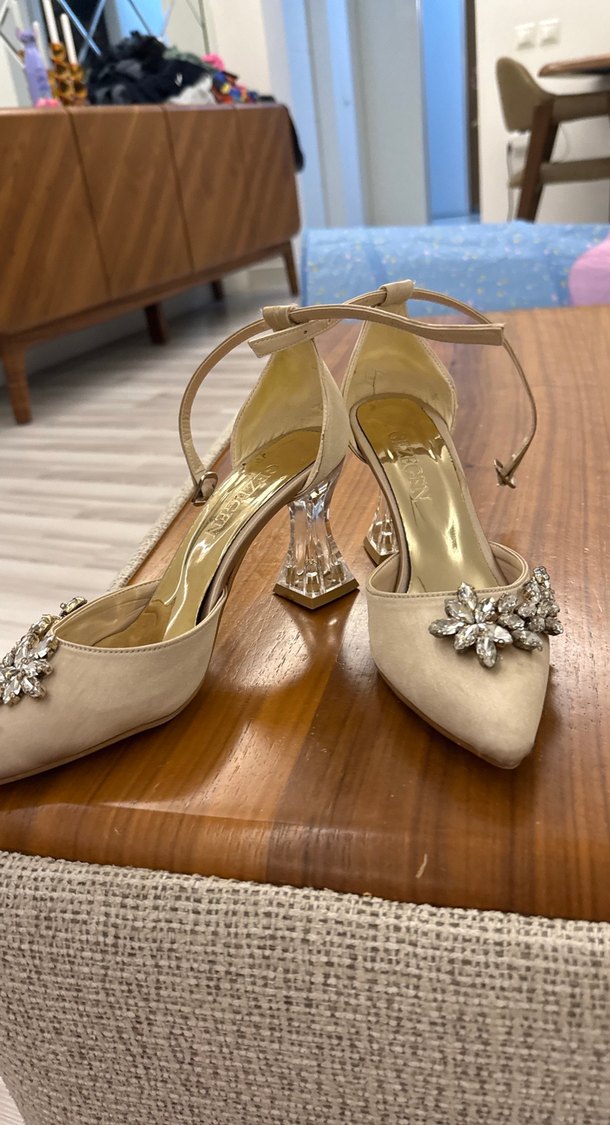 Bej Süet Taşlı Kadın Topuklu Abiye Ayakkabı - Görsel 3