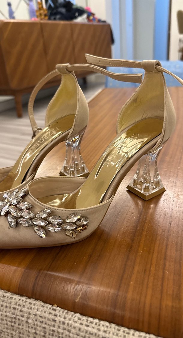 Bej Süet Taşlı Kadın Topuklu Abiye Ayakkabı - Görsel 4