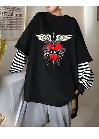 Bon Jovi Baskılı Siyah Uzun Kollu Tshirt