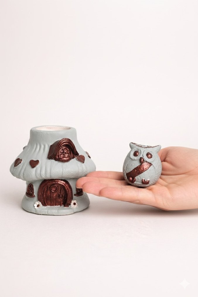 2'li Mantar Ev Baykus Dekoratif Set - Görsel 2