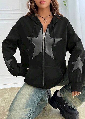 l Beden siyah Renk Star Patch Zip Detail Unisex