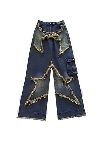 xs Beden mavi Renk Y2K Stars Patch Wide Leg