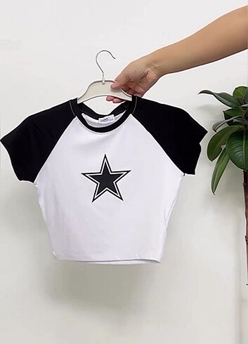 l Beden beyaz Renk Retro Star Reglan Kol Crop