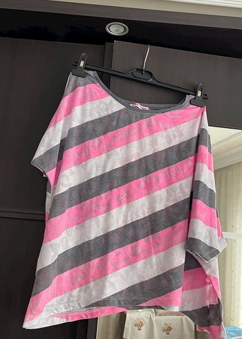 Pembe Gri Çizgili Bluz - Görsel 5