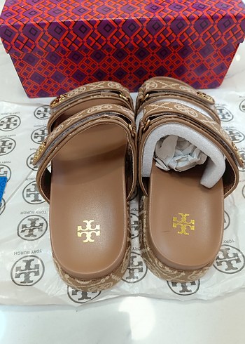 38 Beden Kahverengi Nakışlı Bohem Kadın Dolgu Topuk Terlik Tory Burch