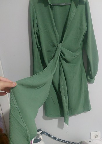 Uzun Kollu Yeşil Minimalist Kadın Elbise - Görsel 3