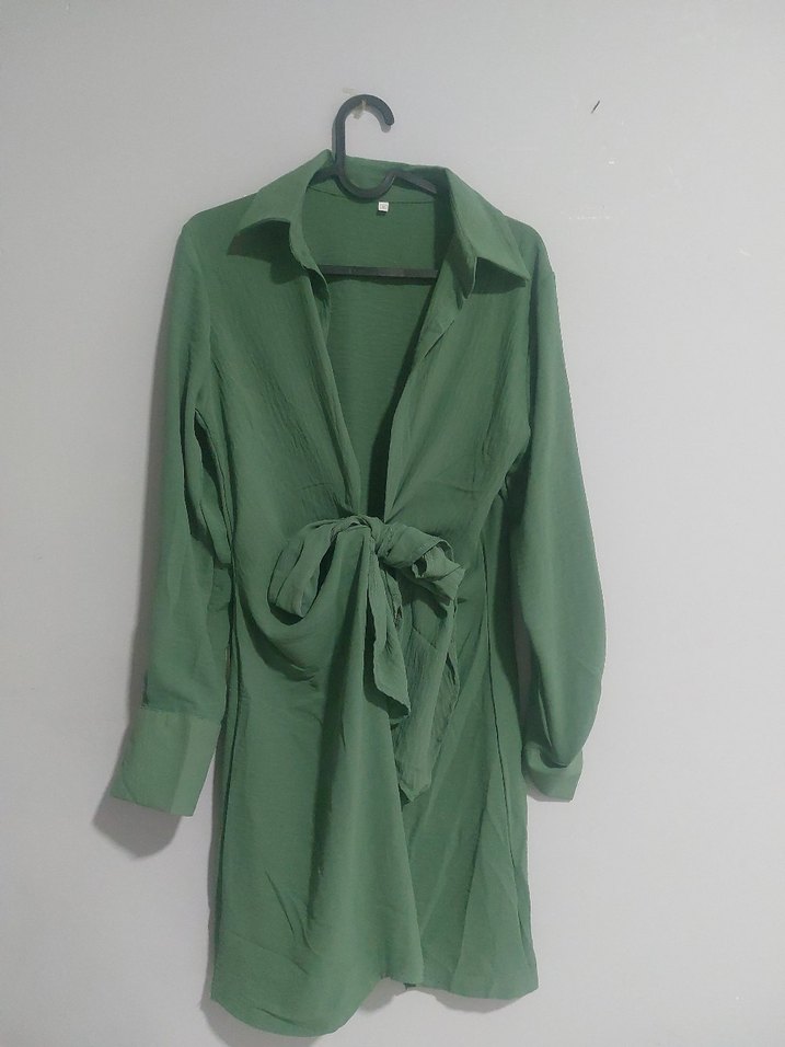 Uzun Kollu Yeşil Minimalist Kadın Elbise - Görsel 4