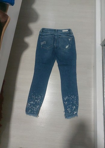 Kadın Mavi Payetli Bağlama Desenli Bol Kesim Jean - Görsel 3