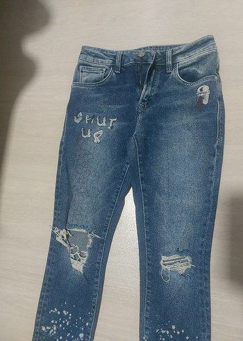 Kadın Mavi Payetli Bağlama Desenli Bol Kesim Jean - Görsel 2