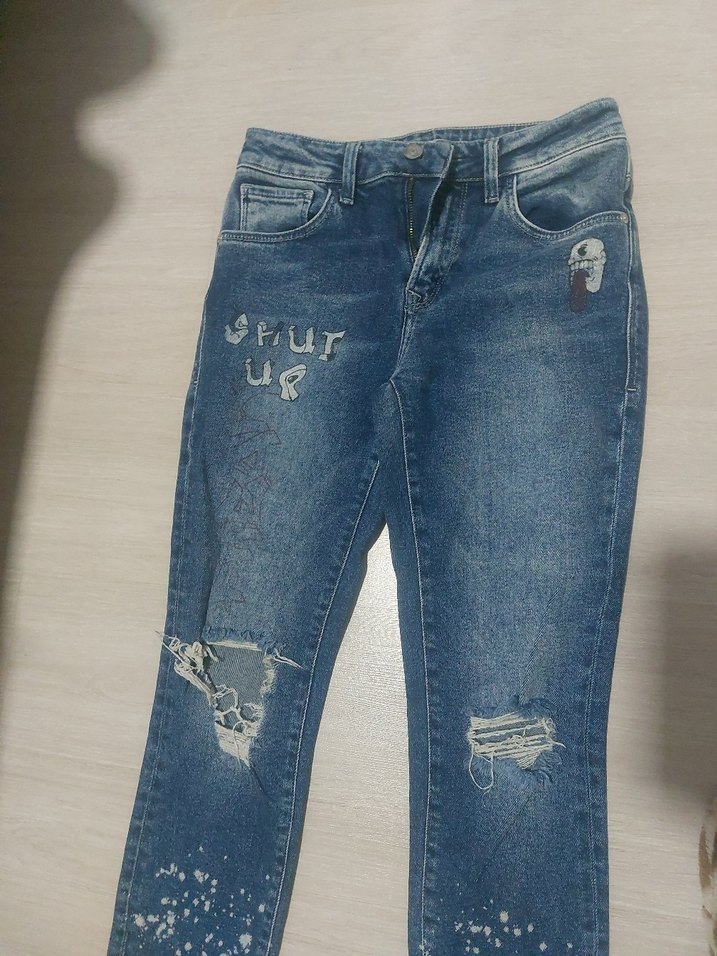 Kadın Mavi Payetli Bağlama Desenli Bol Kesim Jean - Görsel 2