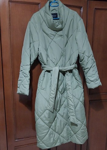 mint yesili Uzun Kuşaklı Kadın Kışlık Mont - Görsel 2