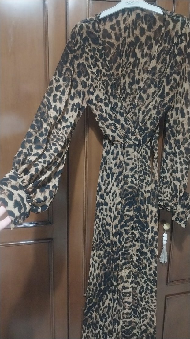 Leopar Desenli Uzun Gri Elbise - Görsel 5