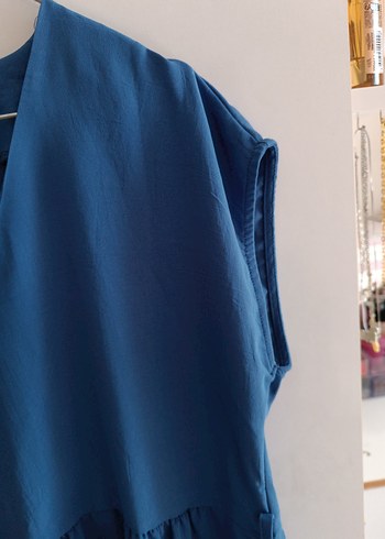 Lacivert V Yakalı Salaş Midi Elbise - Görsel 4