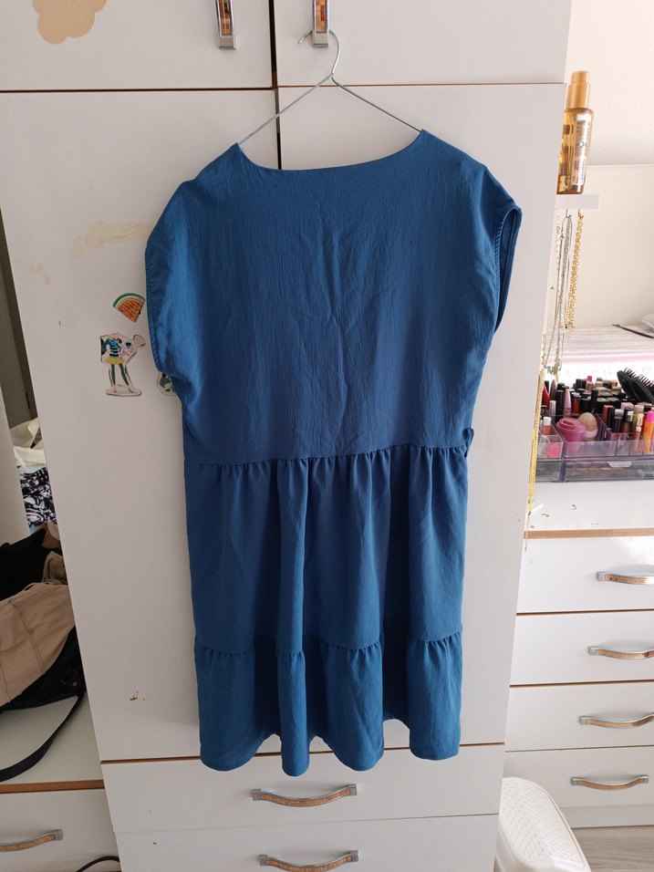 Lacivert V Yakalı Salaş Midi Elbise - Görsel 2