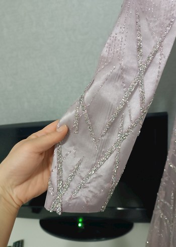 Uzun Kollu Nakışlı lilaAbiye Elbise - Görsel 8