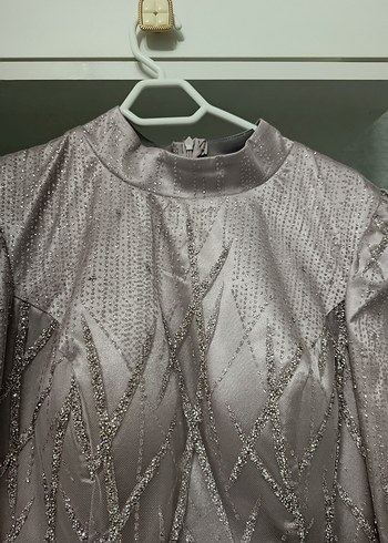 Uzun Kollu Nakışlı lilaAbiye Elbise - Görsel 3