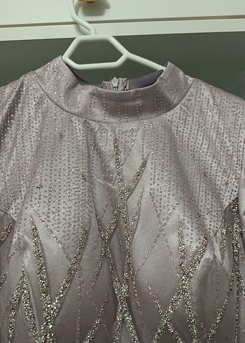 Uzun Kollu Nakışlı lilaAbiye Elbise - Görsel 5