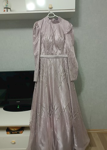 Uzun Kollu Nakışlı lilaAbiye Elbise - Görsel 2