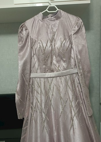 Uzun Kollu Nakışlı lilaAbiye Elbise - Görsel 12