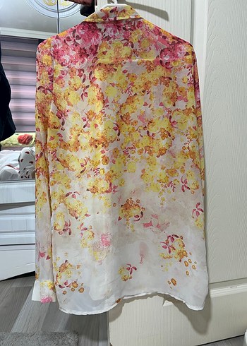 Sarı Pastel Tonlu Bağlama Desenli Kadın Gömlek - Görsel 2