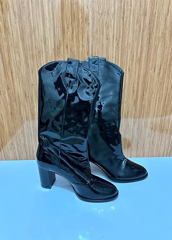 Kadın Parlak Siyah Dizüstü Gotik Topuklu Bot