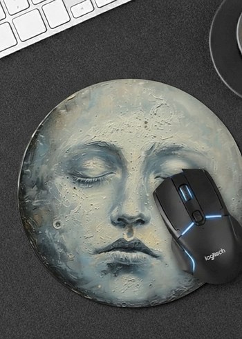 Gri Ay Yüzü Tasarımlı Yuvarlak Mouse Pad - Görsel 2
