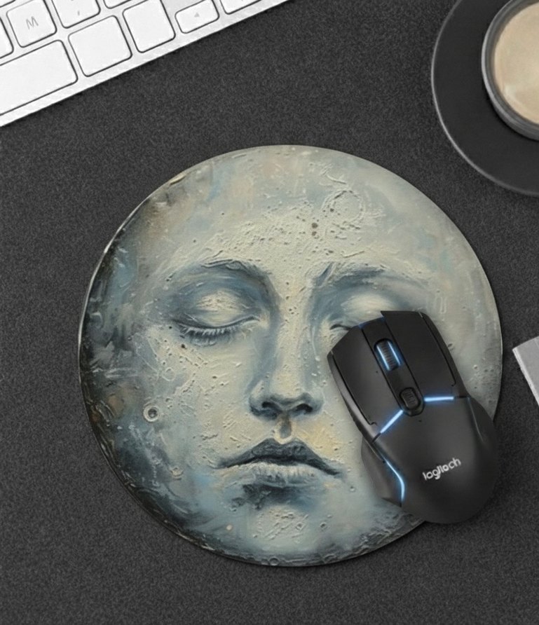 Gri Ay Yüzü Tasarımlı Yuvarlak Mouse Pad - Görsel 2
