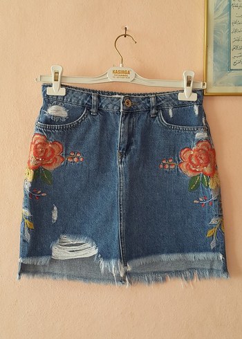 Koton Nakışlı Mavi Denim Mini Etek