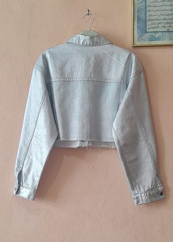 s Beden gri Renk Gri Mini Denim Ceket Düğmeli Cepli