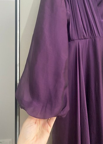 Mor Uzun Kollu Drapeli Abiye Elbise - Görsel 3