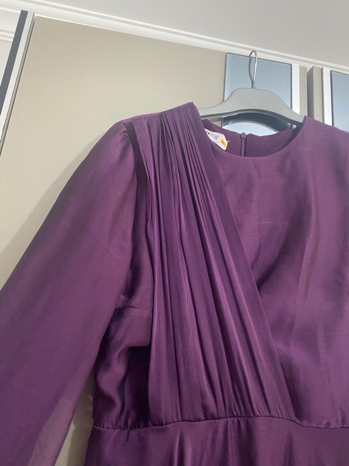 Mor Uzun Kollu Drapeli Abiye Elbise - Görsel 2