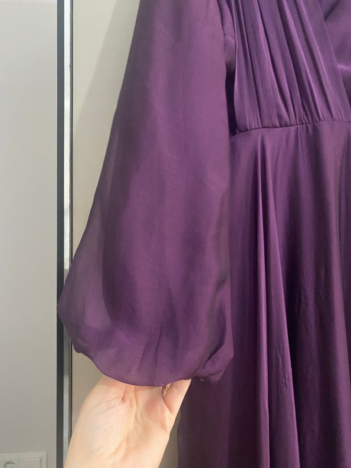 Mor Uzun Kollu Drapeli Abiye Elbise - Görsel 3