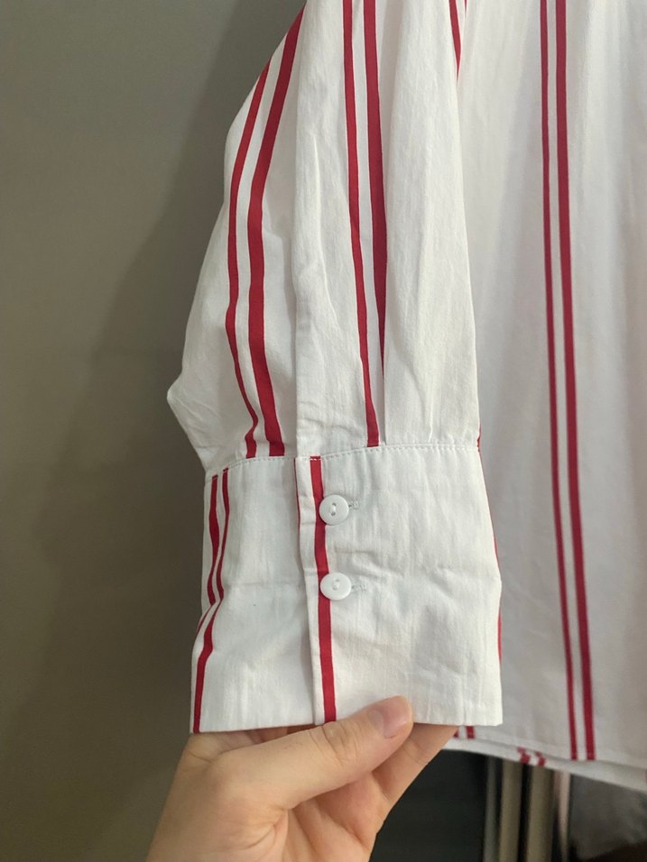 Kadın Beyaz Kırmızı Çizgili Pamuklu Gömlek - Görsel 2