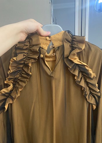 Uzun Drapeli Parlak Kahverengi Kadın Elbise - Görsel 3