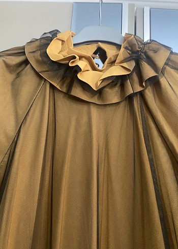 Uzun Drapeli Parlak Kahverengi Kadın Elbise - Görsel 2