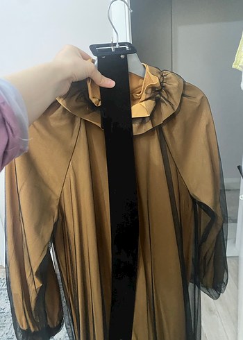 Uzun Drapeli Parlak Kahverengi Kadın Elbise - Görsel 4