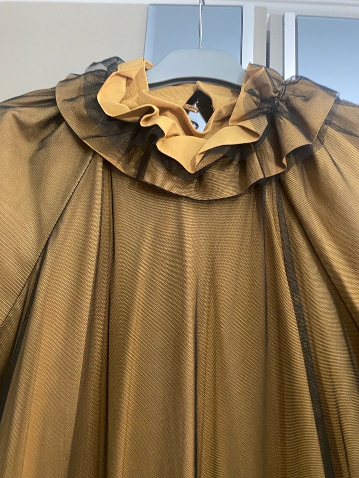 Uzun Drapeli Parlak Kahverengi Kadın Elbise - Görsel 2