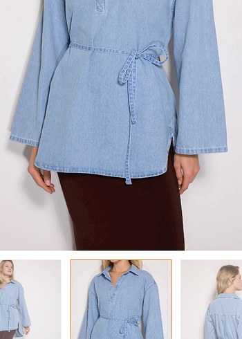 Kemerli Uzun Kollu Denim kot buluz - Görsel 2